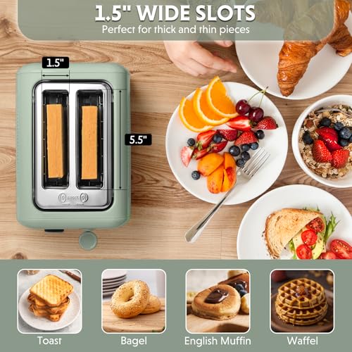 BUYDEEM DT620 2-Slice Toaster, 7 Shade Settings, Extra Wide 1.5'' Slots for Bagel & English Muffin, 6 Toasting Functions, Retro Stainless Steel Toaster with High Lift Lever, Cozy Greenish