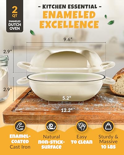 CRUSTLOVE Loaf Pan for Bread Baking - incl. Sourdough Bread-Baking Supplies like Banneton Bread-Proofing Basket - 2QT Enameled Oval Cast Iron Dutch Oven, Bread-Oven, Sour Dough Bread-Banking-Pan Tools