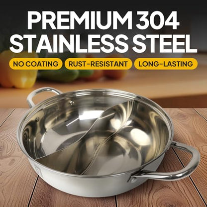 KOTO 304 Stainless Steel Divided Hot Pot – 11”, 4.5L Shabu Shabu Pot with S-Shaped Divider for Spicy & Mild Broths (Double-Sided)