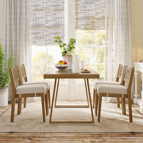 CKLMMC Modern 5 Pieces Patio Dining Table Set, Acacia Wood Dining Table and 4 Chairs,Outdoor Indoor Furniture Set for Garden, Backyard, Balcony (Beige)
