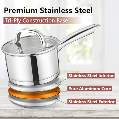 E-far Stainless Steel Saucepan with Lid, 2 Quart Sauce Pan Induction Pot for Cooking, Boiling, Compatible with All Stoves, Healthy & Non Toxic, Oven & Dishwasher Safe