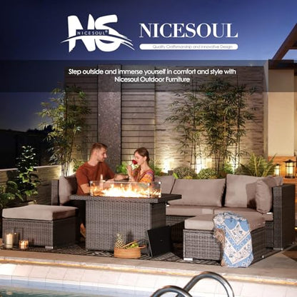 NICESOUL 15 Piece Outdoor Patio Furniture Set with Fire Pit, Extra Large Wide Outdoor Deep Seated Sectional, Cozy 29.3'' High-Back Modular Couch, 500 Lbs High Weight Capacity Wicker Sofa, Light Gray