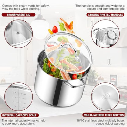 Herogo 20-Quart 18/10 Stainless Steel Stock Pot with Lid, Large Heavy Duty Soup Pot Compatible with Electric, Gas, Induction and Gas Cooktops, Non-Toxic & Corrosion Resistant, Dishwasher Safe