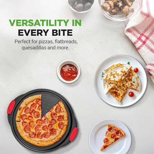 NutriChef 13-Inch Nonstick Pizza Tray - Round Carbon Steel Non-Stick Pizza Pan with Perforated Holes, Premium Bakeware Pizza Screen with Silicone Grip Handles, Dishwasher Safe - NCBPIZ1