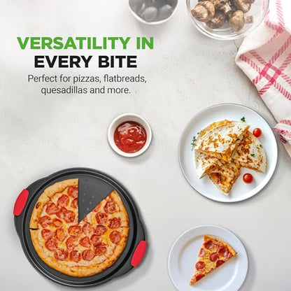 NutriChef 13-Inch Nonstick Pizza Tray - Round Carbon Steel Non-Stick Pizza Pan with Perforated Holes, Premium Bakeware Pizza Screen with Silicone Grip Handles, Dishwasher Safe - NCBPIZ1