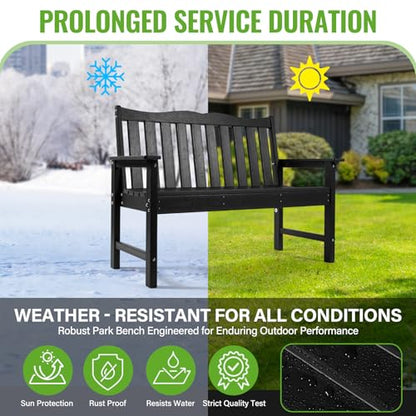 Backyard Expressions Poly Patio Bench (800 Lb Capacity) – Weatherproof Outdoor Bench, Low Maintenance, Heavy-Duty Recycled Material – Ideal for Porch, Patio & Park (Black Woodgrain Look)