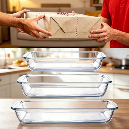 High Borosilicate Glass Baking Tray 3-Piece Set, 2.3 Quarts+1.6 Quarts+1.0 Quarts Rectangular Glass Baking Dish Container for Microwave and Oven, Suitable for Cooking, Baking Bread, Cakes and Meals