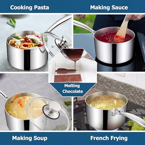 Homikit 1 Quart Saucepan, Tri-Ply Stainless Steel Sauce Pan with Lid, 1QT Small Induction Cooking Pot with Ergonomic Handle, Small Pan for Making Sauce, Warming Milk, Boiling Eggs, Dishwasher Safe