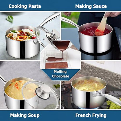 Homikit 1 Quart Saucepan, Tri-Ply Stainless Steel Sauce Pan with Lid, 1QT Small Induction Cooking Pot with Ergonomic Handle, Small Pan for Making Sauce, Warming Milk, Boiling Eggs, Dishwasher Safe