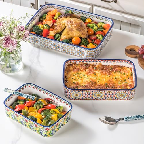 Casserole Dishes for Oven, Ceramic Baking Dishes Set of 3, Rectangular Lasagna Pans, Ceramic Bakeware Set for Baking, Roasting and Serving - Boho Style