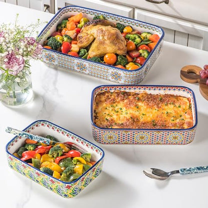 Casserole Dishes for Oven, Ceramic Baking Dishes Set of 3, Rectangular Lasagna Pans, Ceramic Bakeware Set for Baking, Roasting and Serving - Boho Style