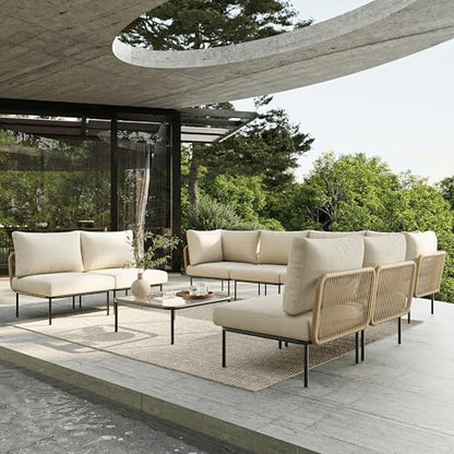 Vakollia 9 Piece Modern Outdoor Rope Wicker Sectional Set, Patio L-Shaped Conversation Sofa Set with Deep Seating with Thick Cushions