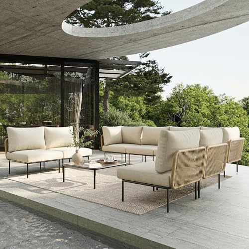 Vakollia 9 Piece Modern Outdoor Rope Wicker Sectional Set, Patio L-Shaped Conversation Sofa Set with Deep Seating with Thick Cushions