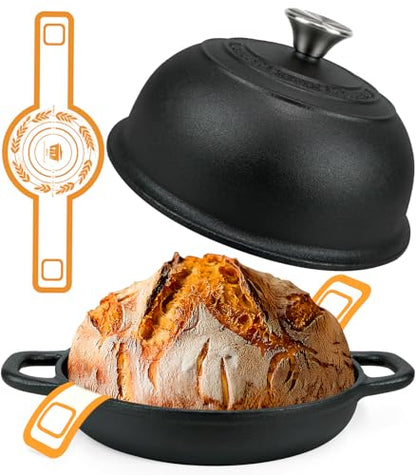5QT Pre-Seasoned Cast Iron Dutch Oven For Bread Baking, Dutch Oven with Domed Lid, Sourdough Bread Baking Supplies, Multi-Functional Bread Pan For Baking, Frying, Roasting