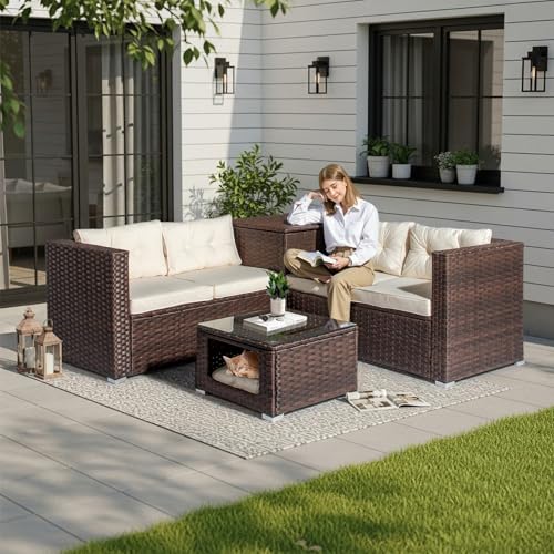 VINGLI 4 Pieces Outdoor Sectional Wicker Patio Furniture with Storage, Patio Sectional Sofa Outdoor Couch Conversation Set, Glass Top Coffee Table for Backyard, Pool, Garden(Brown)