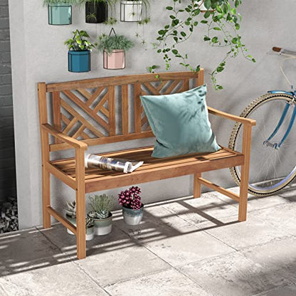 Giantex Outdoor Wooden Garden Bench - 2-Person Acacia Wood Loveseat with Armrests, Backrest, 800lbs Capacity, Patio Park Bench for Backyard, Front Porch Bench (Non-Foldable)
