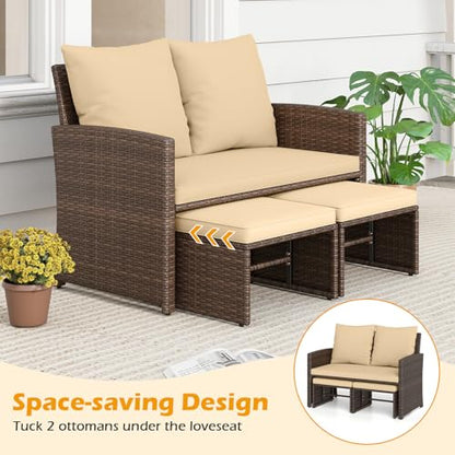 Tangkula Outdoor Loveseat with 2 Ottomans, 3 Pieces Patio PE Wicker Furniture Set with Cushions, Outside Rattan Conversation Set for Balcony, Garden and Backyard (Brown)