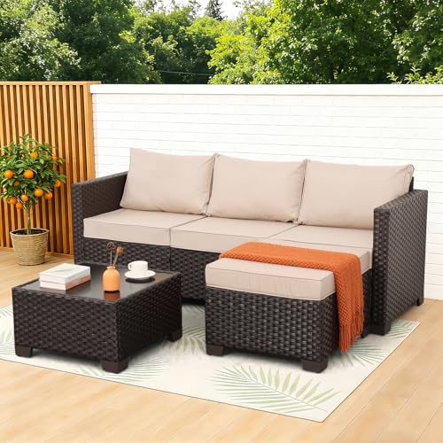 Rattan Star Patio Furniture Set 3 Piece Outdoor Sectional Sofa Set with Wicker Couch, Ottoman, Patio Table All-Weather Non-Slip Cushions and Waterproof Covers, Khaki