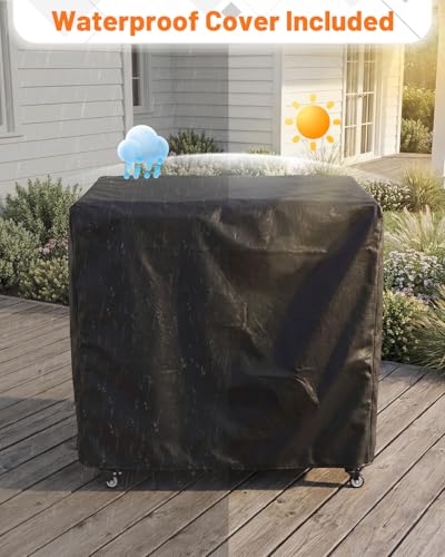 AECOJOY Outdoor Grill Cart Table with Sink, Portable Folding Kitchen Island with Storage Cabinet, Stainless Steel Prep Station for BBQ, Waterproof Cover Included