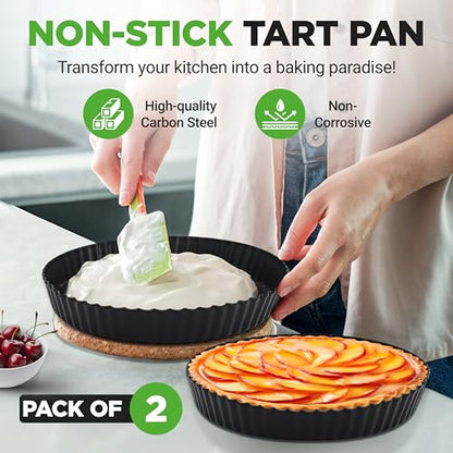 NutriChef 2 Round Tart Pans | 9 Inch Carbon Steel Cheesecake Baking Trays with Removable Base | Nonstick & Even Heat Distribution | Includes 100 Parchment Papers | Height of 1 Inch | Black