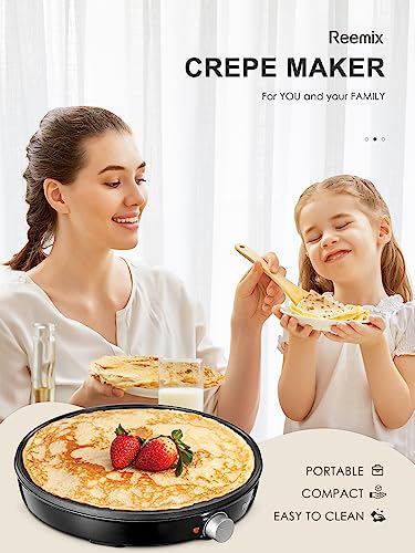 Crepe Maker Machine, Reemix Compact Pancake Griddle Precise Temperature Control, Nonstick 12” Electric Griddle, Batter Spreader for Eggs, Pancakes, Omelets and Quesadillas (Black)