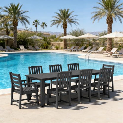 Ayge 9-Piece Outdoor Dining Set – HDPE Patio Furniture for 8 with 2" Hole Cut-Out Table & 8 Chairs, Perfect for Pool, Patio, Garden, Black