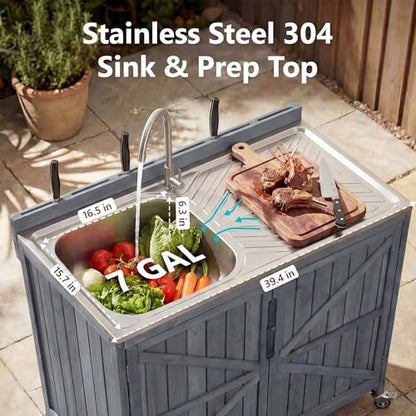LUMISOL Outdoor Grill Cart with Stainless Steel Top, Farmhouse Outdoor Rolling Kitchen Island with Sink, Hose Hook Up & Faucet, 39.4" Kitchen Table with Back Splash & 4 Wheel, Grey+Blue