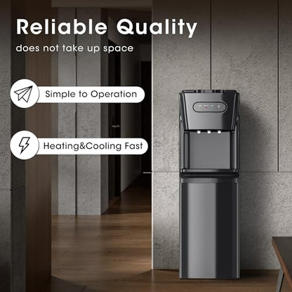 Tehanld Bottom Loading Water Cooler Dispenser for 3 or 5 Gallon Bottles - Water Dispenser with Hot, Room & Cold Spouts, LED Display with Empty Bottle Alert, Child Safety Lock, Space Black