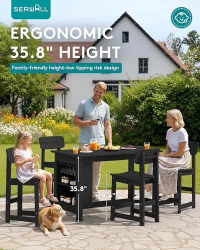SERWALL 10-Piece HDPE Counter Height Dining Table Sets with Storage and Wine Rack, 2 Rectangular Bar Table with Bar Stools Set of 8 for Garden, Backyard, Kitchen, Black