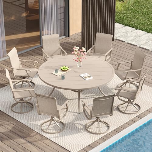 VICLLAX Patio Dining Set for 8, 9 Pieces Outdoor Furniture Includes 60" Round Patio Table with Umbrella Hole and 8 Outdoor Swivel Chairs for Lawn Garden, Sandshell Tabletop and Fabric