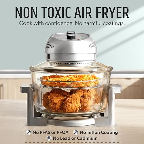Granitestone 16Qt Large Glass Air Fryer Non Toxic – Family Sized Airfyrer Cooker with 3 Cooking Sections, Stainless Steel Racks, for French Fries, Chicken, No Preheat, Self Cleaning, Dishwasher Safe