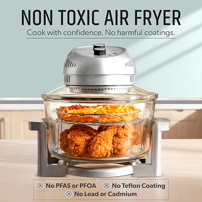 Granitestone 16Qt Large Glass Air Fryer Non Toxic – Family Sized Airfyrer Cooker with 3 Cooking Sections, Stainless Steel Racks, for French Fries, Chicken, No Preheat, Self Cleaning, Dishwasher Safe