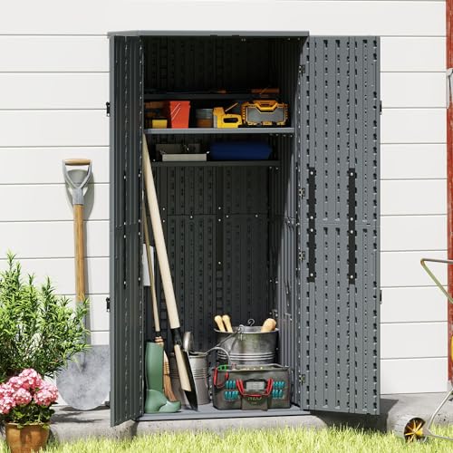 EHHLY Heavy Duty Tall Storage Cabinet Outdoor Weatherproof, 28 Cuft Garage Storage Cabinet with 4 Adjustable Shelves, Lockable Kitchen Pantry Closer Organizer, 31Wx23Lx66H, Sage Grey