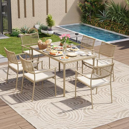 7 Pieces Outdoor Dining Set for 6, 55” Large Steel Dining Table with Umbrella Hole, Wicker Patio Table and Rattan Chairs for Garden/Deck/Yard/Porch, Matte Metal Spray Coating Patio Dining Set,Beige