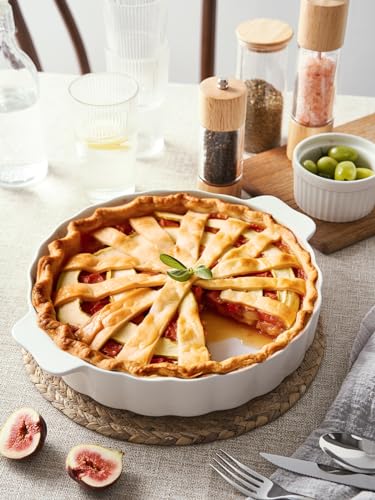 Samsle Ceramic Pie Pan For Baking,13Inch Round Baking Dish With Double Handle,Pie Plate With Ruffled Edge-Microwave, Dishwasher, and Oven Safe