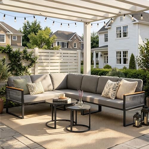 7 Piece L-Shaped Outdoor Sectional Wicker Sofa with Nesting Coffee Table