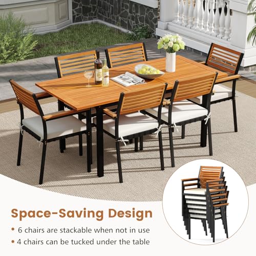 Tangkula 7 Piece Patio Dining Set, Outdoor Acacia Wood Cushioned Chairs and 51”-64” Expandable Rectangular Table Set, with Umbrella Hole, 6 Stackable Armchairs, for Poolside Garden (Off White)