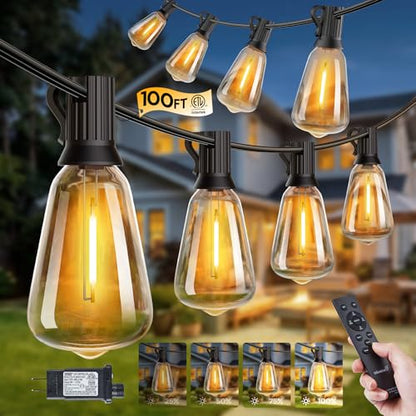Minetom 100FT Outdoor-String-Lights with Remote, 31+2 Shatterproof ST38 LED Bulbs, Waterproof Patio Lights with 3 Modes, Dimmable & Connectable 2700K Hanging Lights for Backyard Porch Deck Balcony