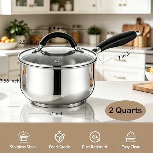 HaWare 2 Quart Saucepan, Stainless Steel Small Sauce Pot with Lid, Tri-Ply Bottom Sauce Pot for Home Kitchen, Induction Compatible, Dishwasher Safe