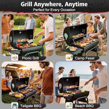 SUNLIFER Barrel Barbecue Charcoal Grill: Premium Spacious Outdoor BBQ Grill with Side Table - Ideal for Patio Cooking Backyard Grilling Camping Picnics Tailgating Parties