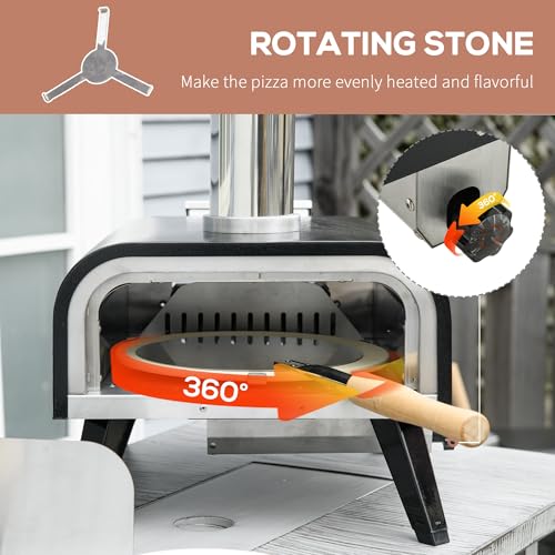 Outsunny Wood Fired Pizza Oven with 12" Rotating Stone, Peel and Waterproof Cover, Portable Pizza Maker with Foldable Legs, Stainless Steel Pizza Grill for Outside, Backyard and Outdoor Kitchen