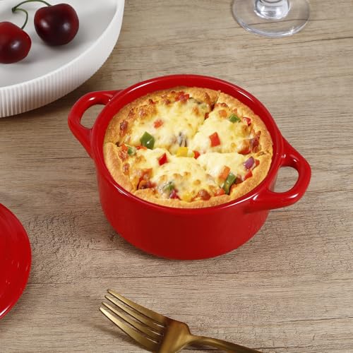 Gabotrie 4 Pcs Mini Cocotte Set, 16Oz Small Ceramic Casserole with Lids, Durable Soup Pot with Handle, Individual Baking Ramekins, Microwave, Oven & Dishwasher Safe, Red