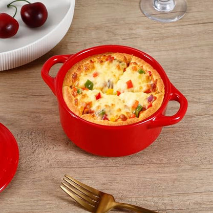 Gabotrie 4 Pcs Mini Cocotte Set, 16Oz Small Ceramic Casserole with Lids, Durable Soup Pot with Handle, Individual Baking Ramekins, Microwave, Oven & Dishwasher Safe, Red