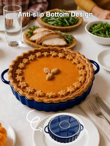 Yamteck 10×2in Deep Ceramic Pie Pan with Handles for Pie Quiche Tart Baking. Easy to grip, Lead-Free. Casserole Lasagna Dish for Thanksgiving Christmas Gift. Oven Microwave Dishwasher Safe. Blue