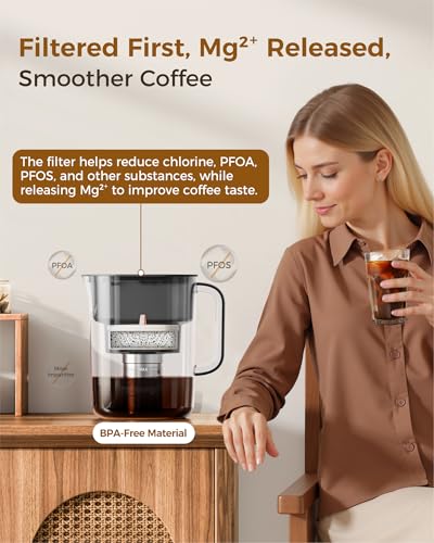 Waterdrop PT-10 Cold Brew Coffee Maker with 1 Magnesium Water Filter for Well-Balanced Acidity, Unlocks Aroma, BPA-Free Cold Brew Pitcher, Stainless Steel Filter for Iced Coffee, Tea, Lemonade, Black