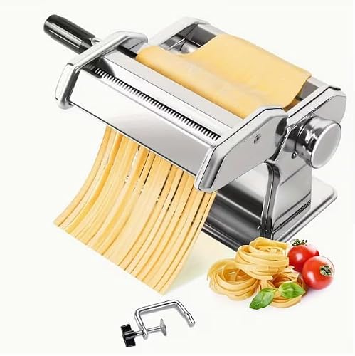 Manual Pasta Maker Machine, 2 in 1 Noodle Maker with Rollers and Cutter, 7 Adjustable Thickness Settings, Perfect for Spaghetti, Fettuccini, Lasagna or Dumpling Skin Silver