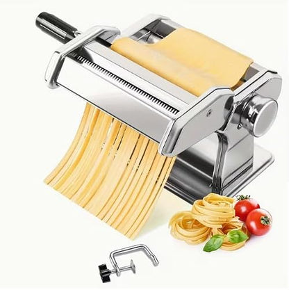 Manual Pasta Maker Machine, 2 in 1 Noodle Maker with Rollers and Cutter, 7 Adjustable Thickness Settings, Perfect for Spaghetti, Fettuccini, Lasagna or Dumpling Skin Silver