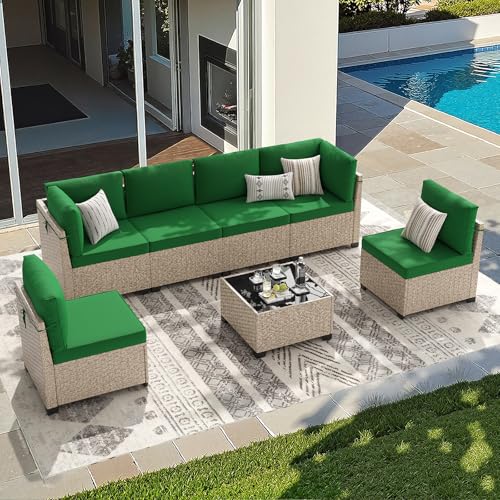 Soohow 7-Piece Patio Furniture Set, Outdoor Sectional All-Weather Wicker Patio Conversation Set for Garden, Porch, Backyard - Green Cushions