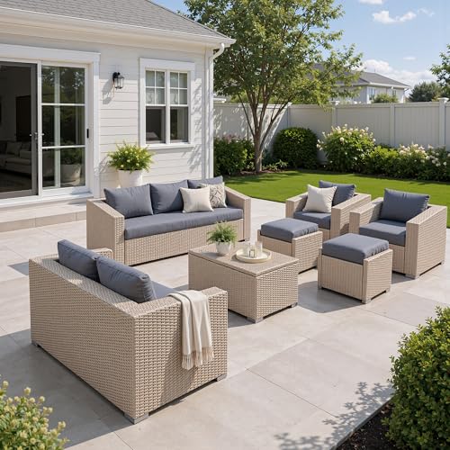 AMERLIFE 10 Piece Patio Furniture Set, Wicker Outdoor Sectional Sofa