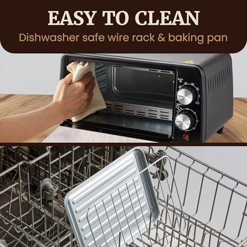 Elite Gourmet ETO449X Countertop Toaster Oven, 9.5Qt / 4-Slice Capacity, Fits 8'' Pizza, 800W Quartz Heating, 200–450°F Adjustable Temperature, 30-Min Timer, Compact Mini Oven, Black